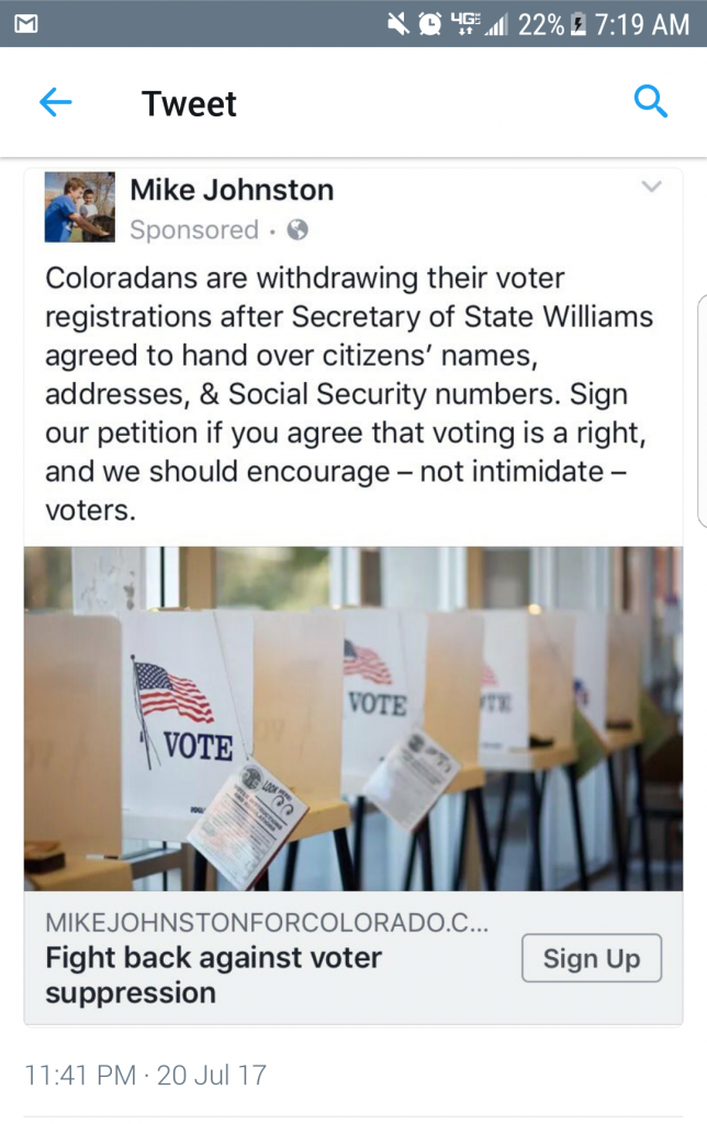 Johnston Voter Suppression Colorado Peak Politics